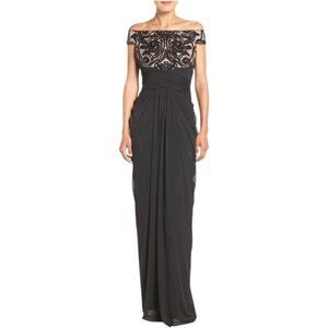 NEW Adrianna Papell Black Elegant Off the Shoulder Sequin Lace Tulle Drape Gown